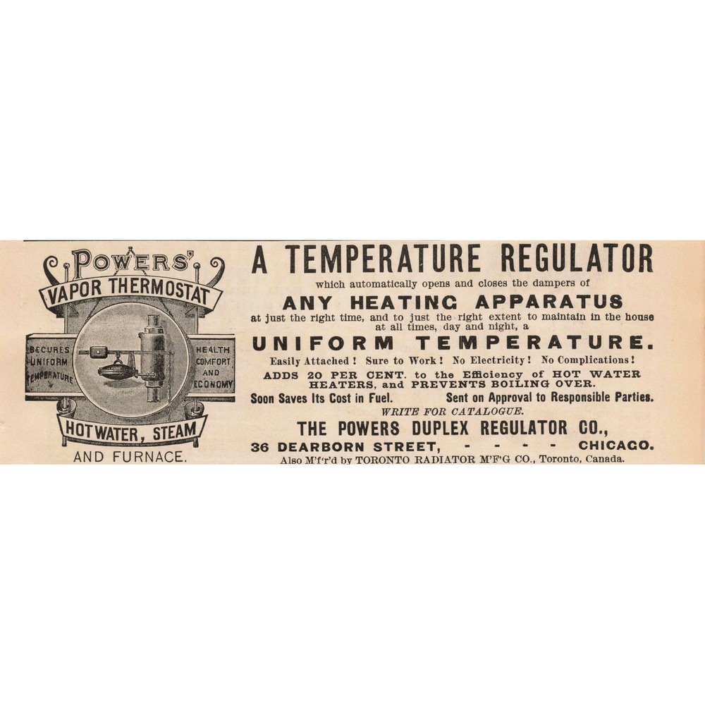 1891 Powers Vapor Thermostat Temperature Regulator‎ Steam Furnace Print Ad